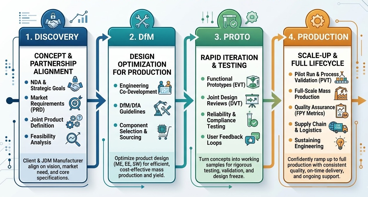 The five-stage JDM journey from discovery through logistics and lifecycle support