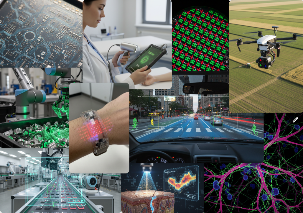 光電與 AI 視覺應用整合：展示機器人感測、物聯網 (IoT) 資料連結、工業自動化機器視覺，以及智慧基礎設施和醫療保健領域的生物光子學分析等技術融合的可視化概念。